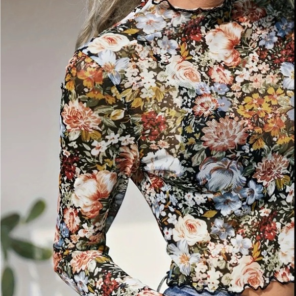 Floral Mesh Long Sleeve Sheer Tops Multiple Sizes - Picture 3 of 8